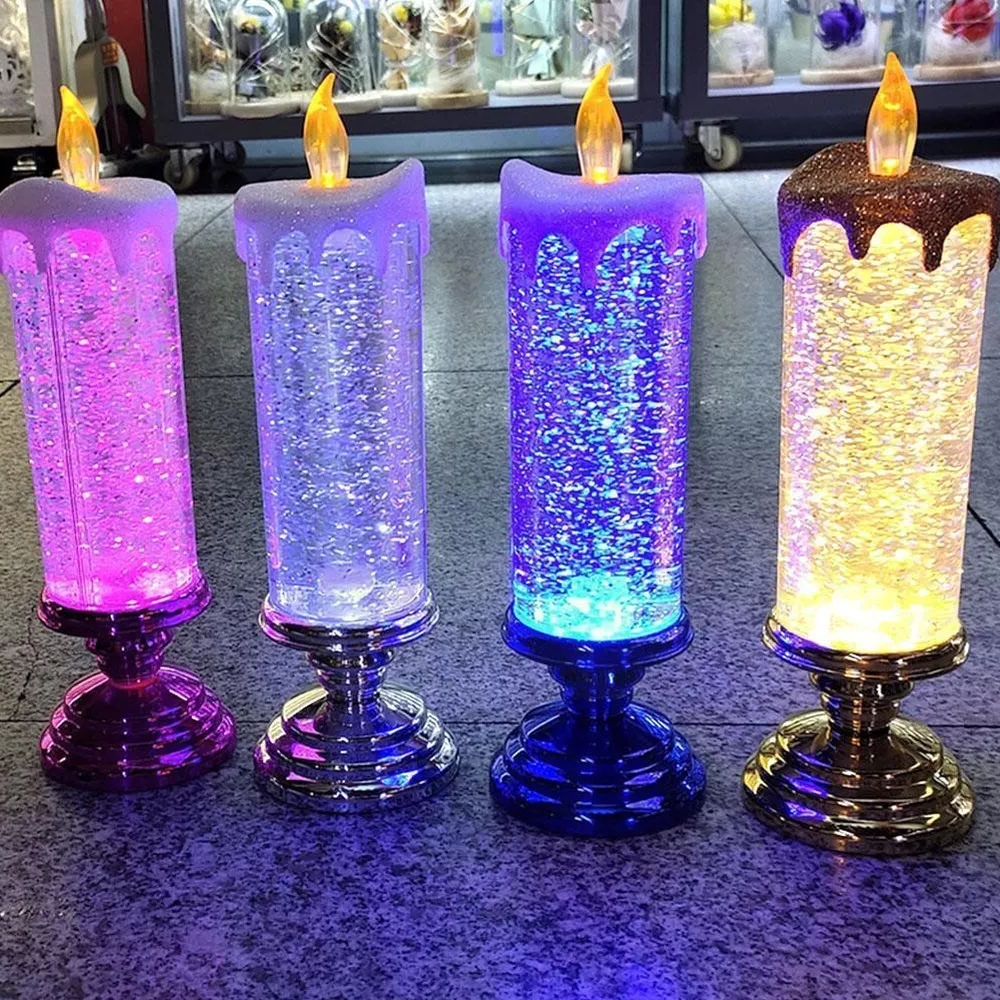 Color Changing LED Candle with Rotating Glitter and Warm Flicker, USB or Battery Power