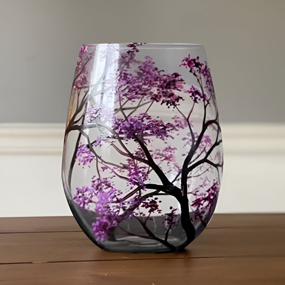 Hand Painted Seasonal Tree Wine Glass with 12oz Capacity, Dishwasher Safe