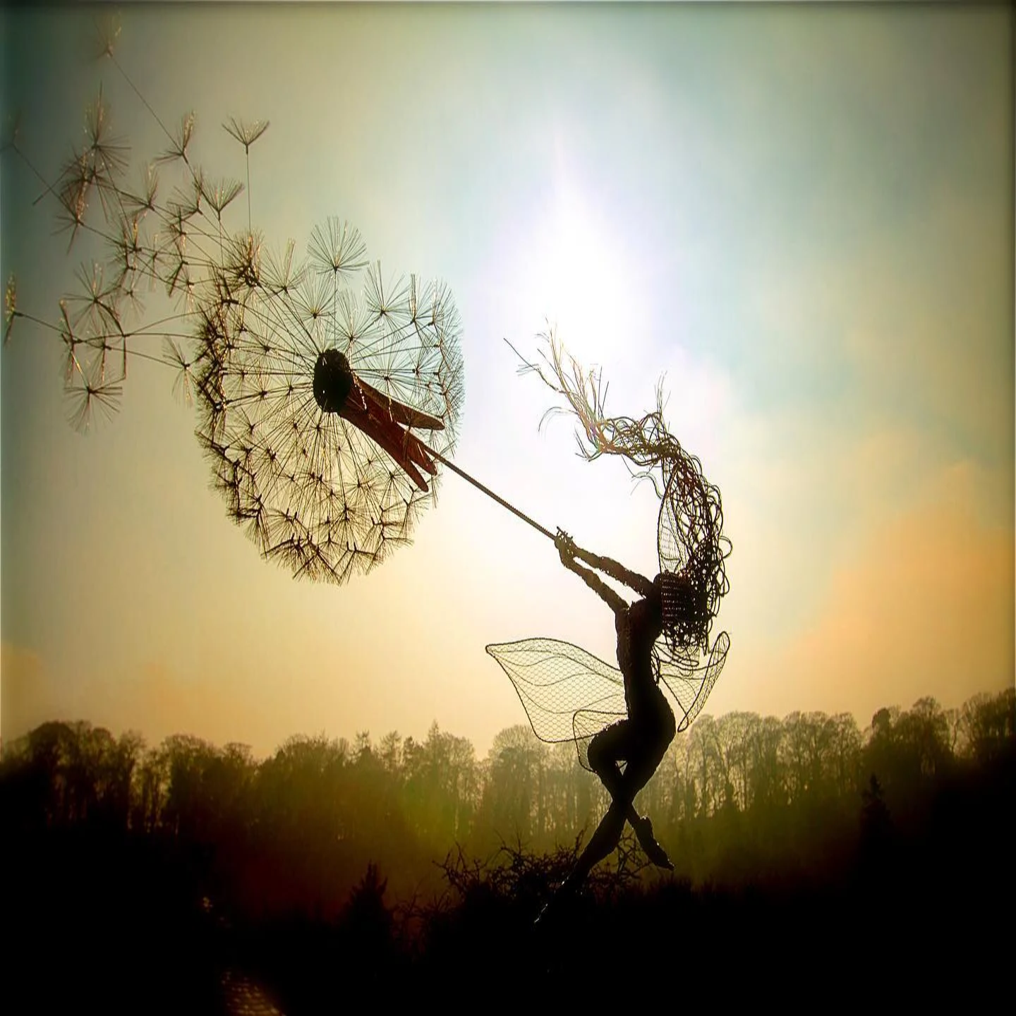 Metal Fairy Garden Stake with Detailed Wings and Dandelion Accents, 25-45 Inches
