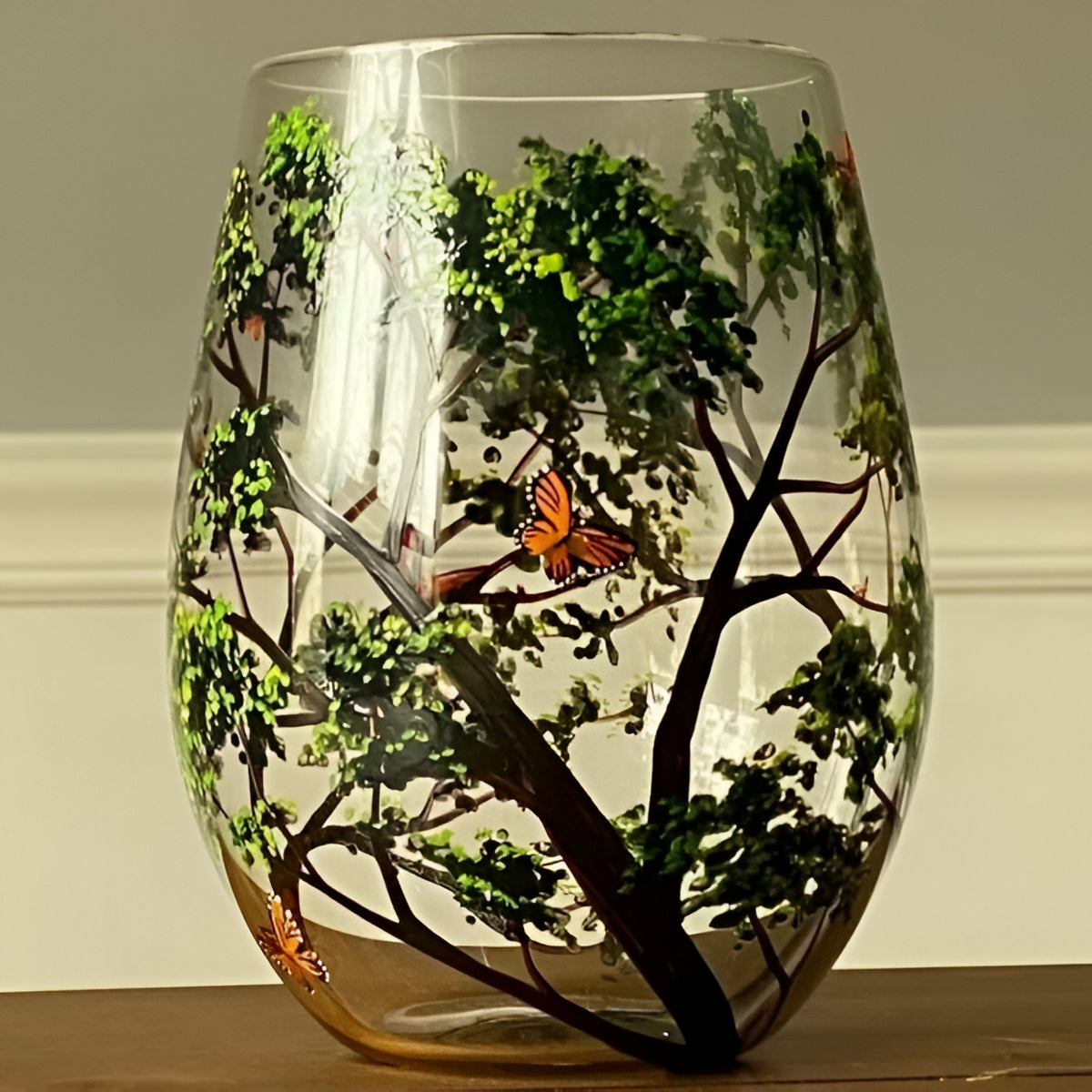 Hand Painted Seasonal Tree Wine Glass with 12oz Capacity, Dishwasher Safe