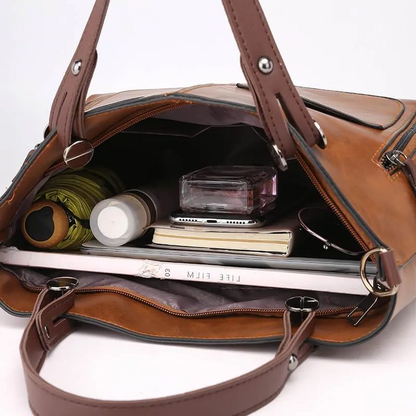 Leather Shoulder Bag with Padded Tablet Sleeve and Organizer Pockets, Detachable Strap