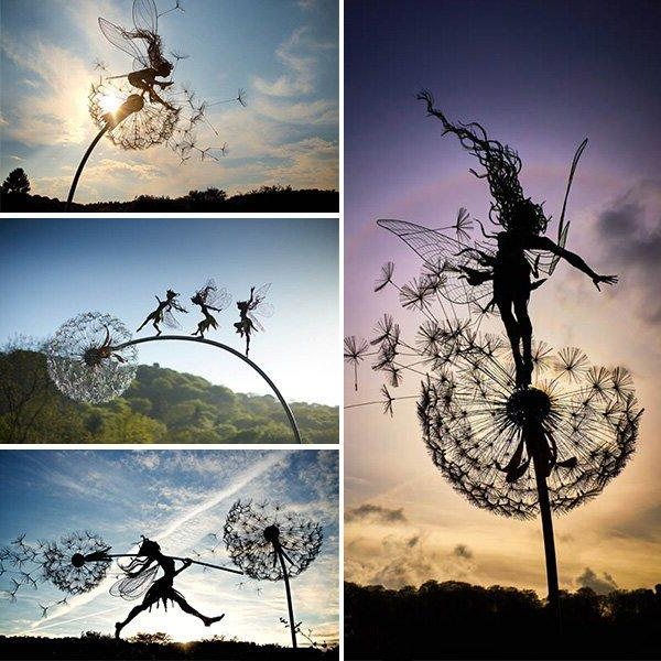 Metal Fairy Garden Stake with Detailed Wings and Dandelion Accents, 25-45 Inches