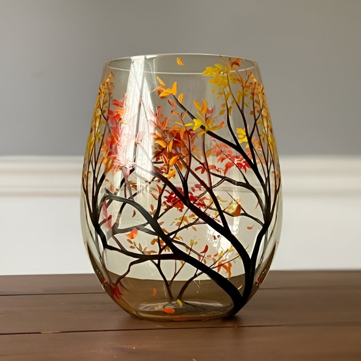 Hand Painted Seasonal Tree Wine Glass with 12oz Capacity, Dishwasher Safe