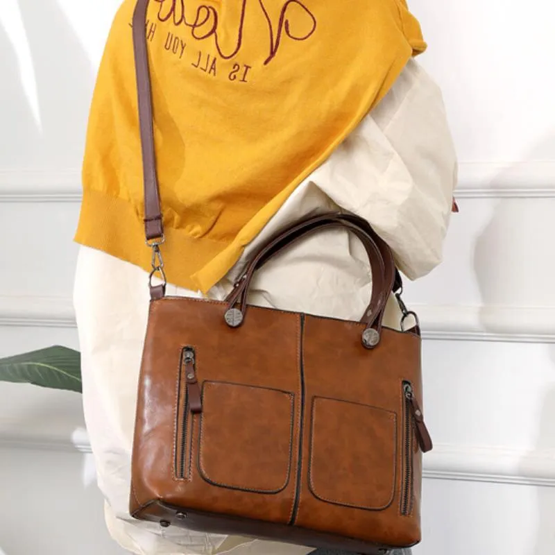Leather Shoulder Bag with Padded Tablet Sleeve and Organizer Pockets, Detachable Strap