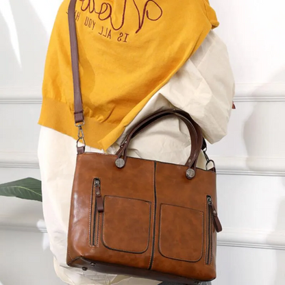 Leather Shoulder Bag with Padded Tablet Sleeve and Organizer Pockets, Detachable Strap