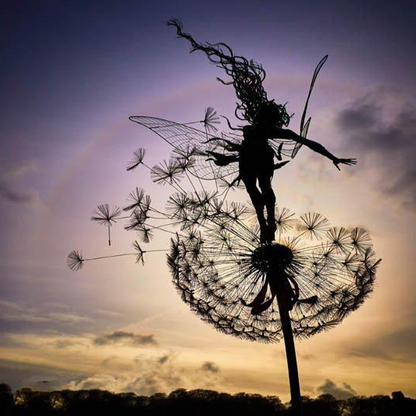 Metal Fairy Garden Stake with Detailed Wings and Dandelion Accents, 25-45 Inches