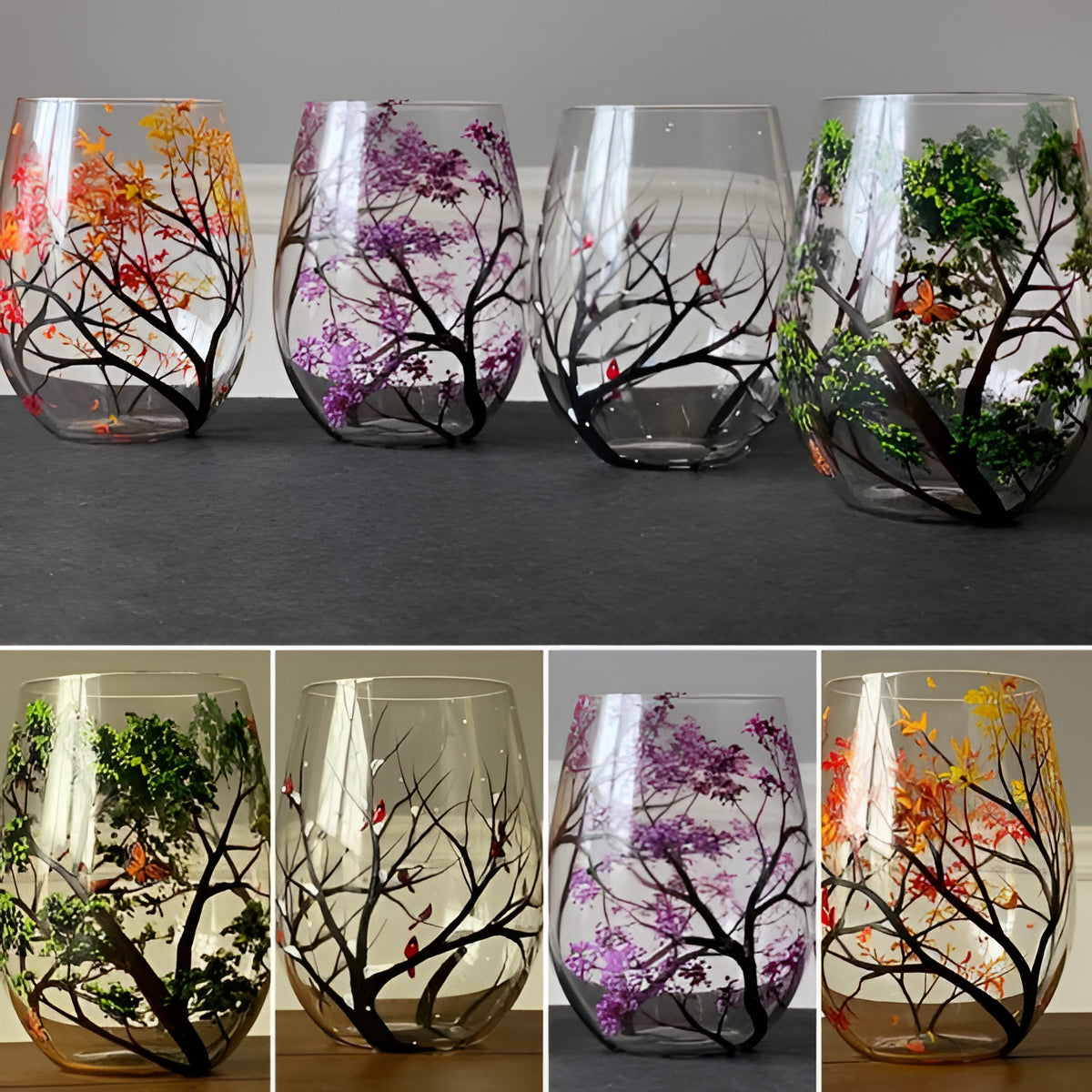 Hand Painted Seasonal Tree Wine Glass with 12oz Capacity, Dishwasher Safe