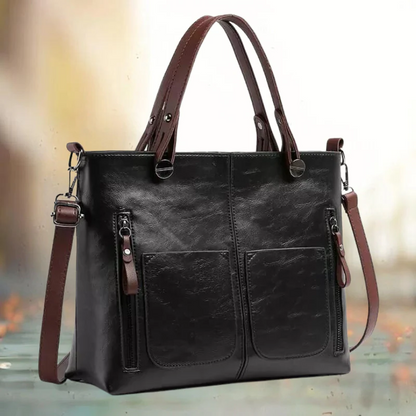 Leather Shoulder Bag with Padded Tablet Sleeve and Organizer Pockets, Detachable Strap