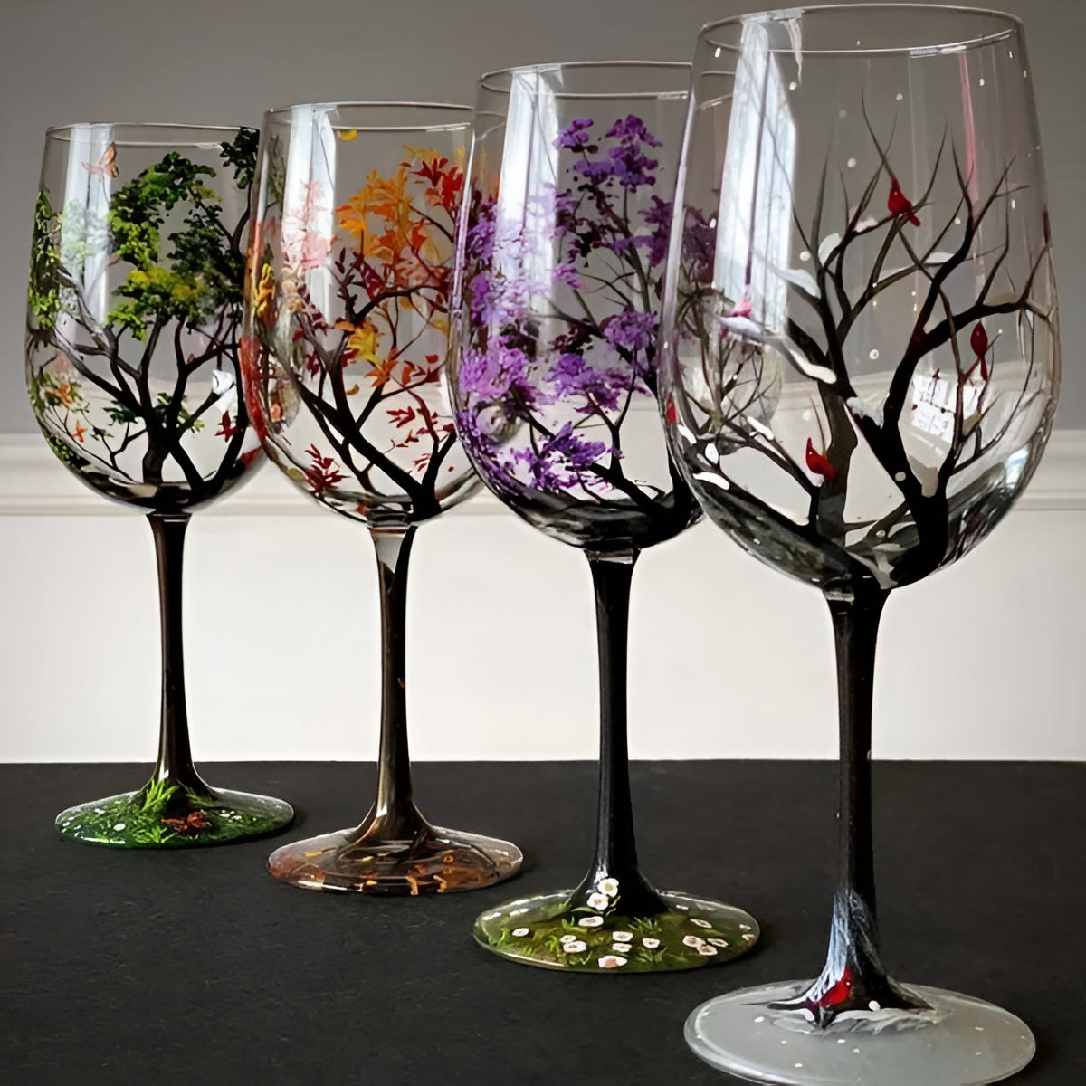 Hand Painted Seasonal Tree Wine Glass with 12oz Capacity, Dishwasher Safe