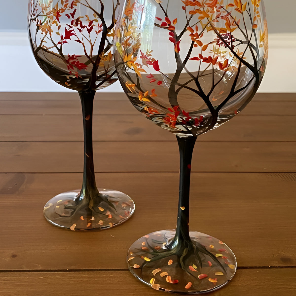 Hand Painted Seasonal Tree Wine Glass with 12oz Capacity, Dishwasher Safe