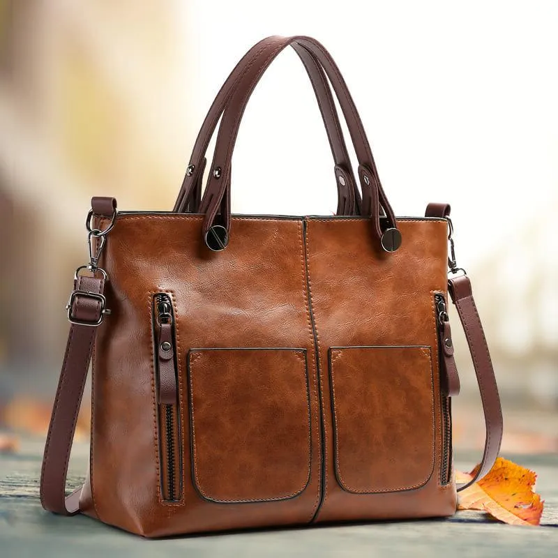 Leather Shoulder Bag with Padded Tablet Sleeve and Organizer Pockets, Detachable Strap