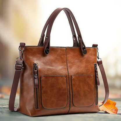 Leather Shoulder Bag with Padded Tablet Sleeve and Organizer Pockets, Detachable Strap