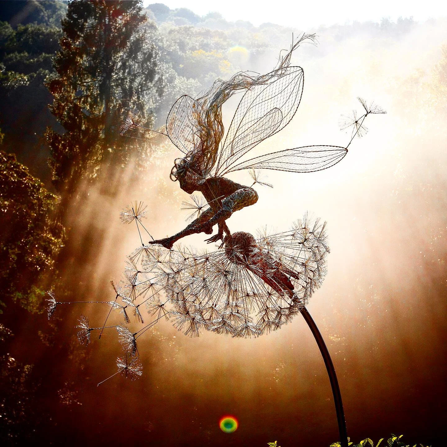 Metal Fairy Garden Stake with Detailed Wings and Dandelion Accents, 25-45 Inches